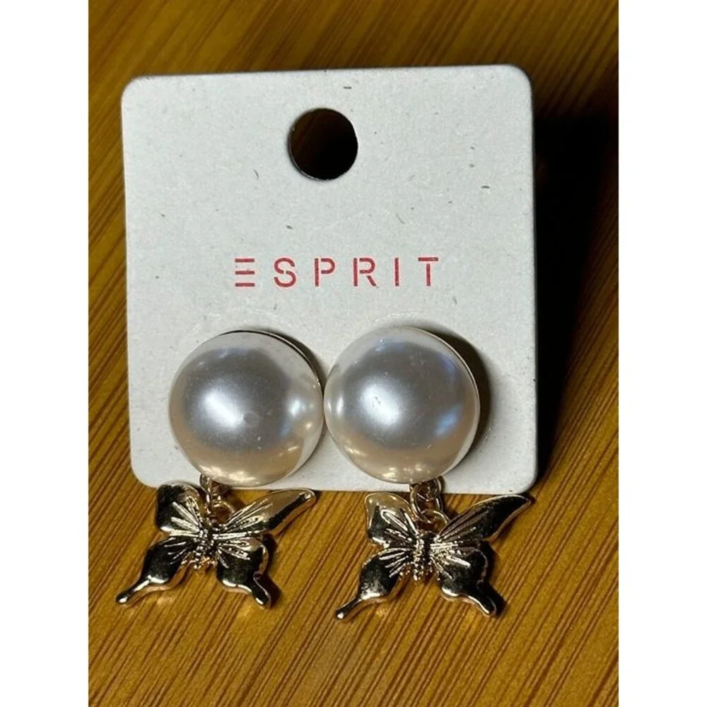 ESPRIT Gold Tone Pearl Stud Earrings Gold Butterfly Dangle Charm Boho New Pair